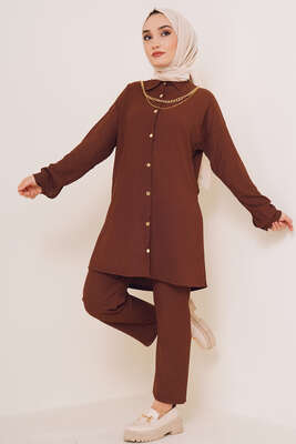 Yakası Zincirli İkili Bürümcük Takım Kahve 