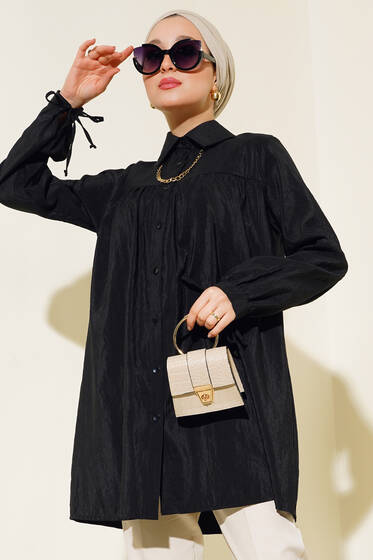 Yakası Zincirli Manşet Bağcıklı Gömlek Siyah - Gömlek