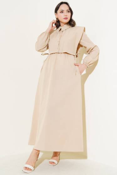 Yan Bağcıklı Bolerolu Terikoton Elbise Bej - Elbise