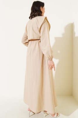 Yan Bağcıklı Bolerolu Terikoton Elbise Bej - Tesettür Elbise