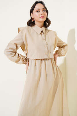 Yan Bağcıklı Bolerolu Terikoton Elbise Bej - Tesettür Elbise