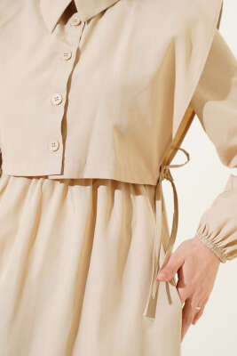 Yan Bağcıklı Bolerolu Terikoton Elbise Bej - Tesettür Elbise