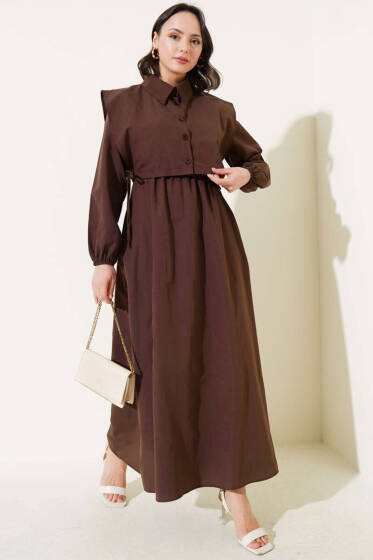 Yan Bağcıklı Bolerolu Terikoton Elbise Kahve - Elbise