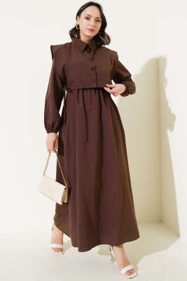 Yan Bağcıklı Bolerolu Terikoton Elbise Kahve - Tesettür Elbise