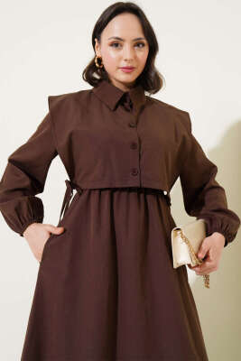 Yan Bağcıklı Bolerolu Terikoton Elbise Kahve - Tesettür Elbise