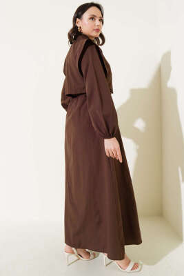 Yan Bağcıklı Bolerolu Terikoton Elbise Kahve - Tesettür Elbise