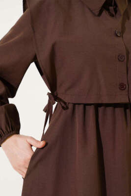 Yan Bağcıklı Bolerolu Terikoton Elbise Kahve - Tesettür Elbise