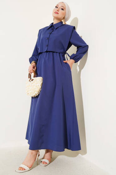 Yan Bağcıklı Bolerolu Terikoton Elbise Lacivert - Elbise