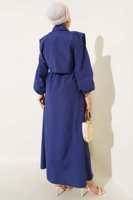 Yan Bağcıklı Bolerolu Terikoton Elbise Lacivert - Tesettür Elbise