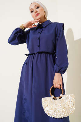 Yan Bağcıklı Bolerolu Terikoton Elbise Lacivert - Tesettür Elbise