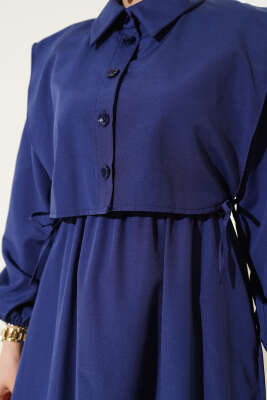 Yan Bağcıklı Bolerolu Terikoton Elbise Lacivert - Tesettür Elbise