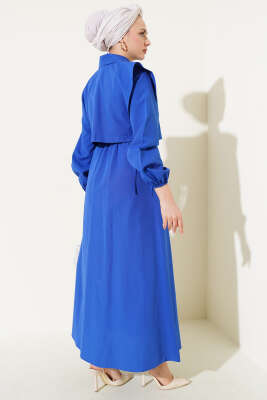 Yan Bağcıklı Bolerolu Terikoton Elbise Saks - Tesettür Elbise