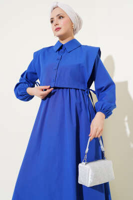 Yan Bağcıklı Bolerolu Terikoton Elbise Saks - Tesettür Elbise