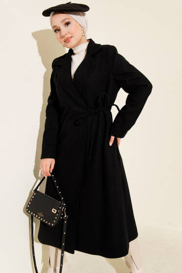 Yan Bağcıklı Kaşe Kaban Siyah - Kaban