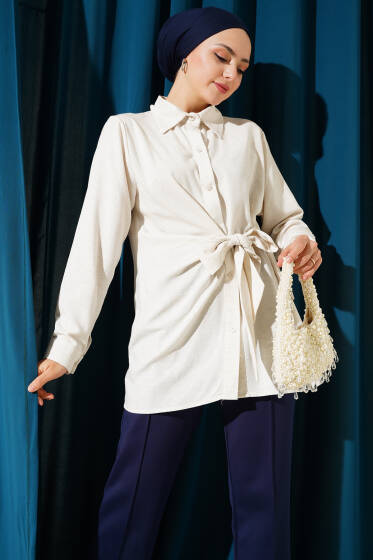 Yan Bağlama Detaylı Gömlek Bej - Gömlek