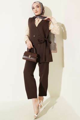 Yan Bağlama Detaylı Yelekli İkili Takım Kahve - WENNA DESIGN