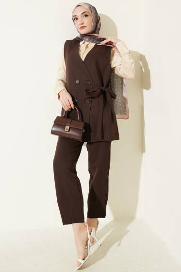 Yan Bağlama Detaylı Yelekli İkili Takım Kahve - İkili Takım