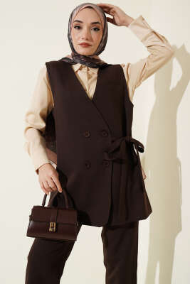 Yan Bağlama Detaylı Yelekli İkili Takım Kahve - İkili Takım