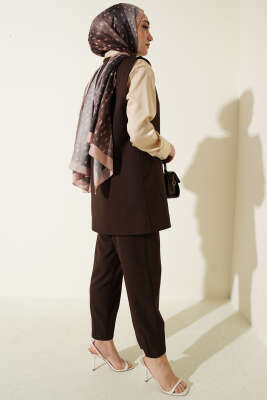 Yan Bağlama Detaylı Yelekli İkili Takım Kahve - İkili Takım