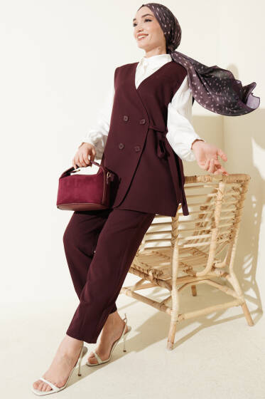 Yan Bağlama Detaylı Yelekli İkili Takım Mürdüm - İkili Takım