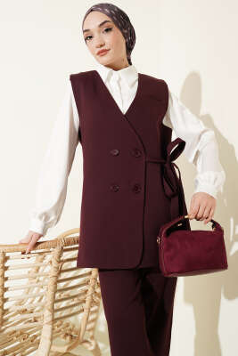 Yan Bağlama Detaylı Yelekli İkili Takım Mürdüm - İkili Takım