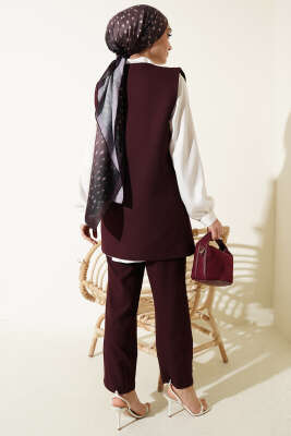 Yan Bağlama Detaylı Yelekli İkili Takım Mürdüm - İkili Takım