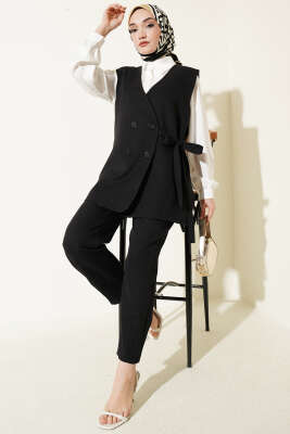 Yan Bağlama Detaylı Yelekli İkili Takım Siyah - WENNA DESIGN