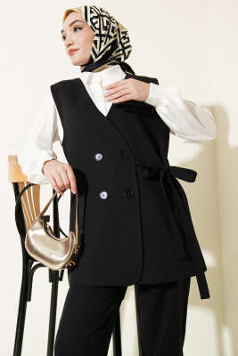 Yan Bağlama Detaylı Yelekli İkili Takım Siyah - İkili Takım