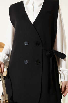 Yan Bağlama Detaylı Yelekli İkili Takım Siyah - İkili Takım