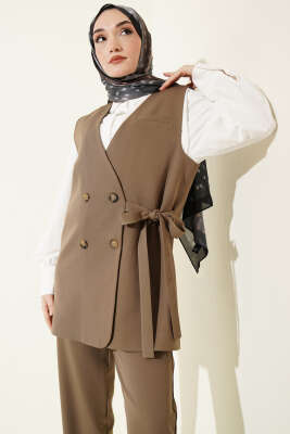 Yan Bağlama Detaylı Yelekli İkili Takım Vizon - İkili Takım