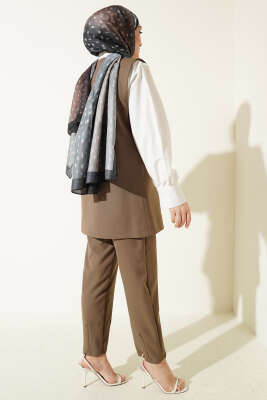 Yan Bağlama Detaylı Yelekli İkili Takım Vizon - İkili Takım