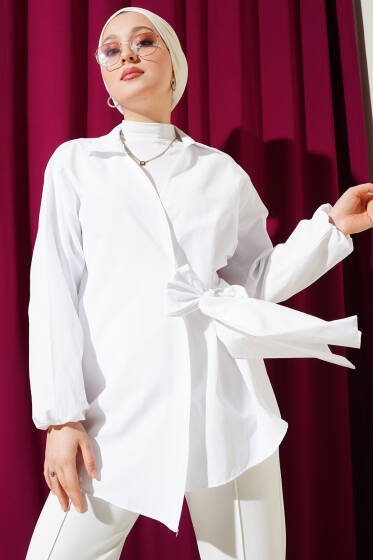 Yan Bağlamalı Bilek Lastikli Ceket Beyaz - Ceket