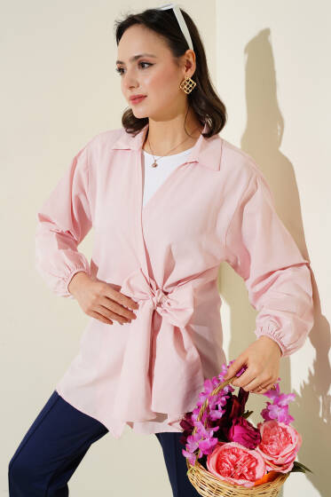 Yan Bağlamalı Bilek Lastikli Ceket Pudra - Ceket