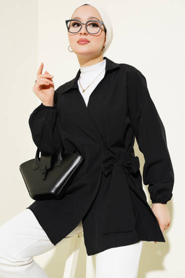 Yan Bağlamalı Bilek Lastikli Ceket Siyah - Ceket