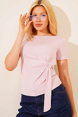 Yan Bağlamalı Bisiklet Yaka T-shirt Pembe - TİLLE