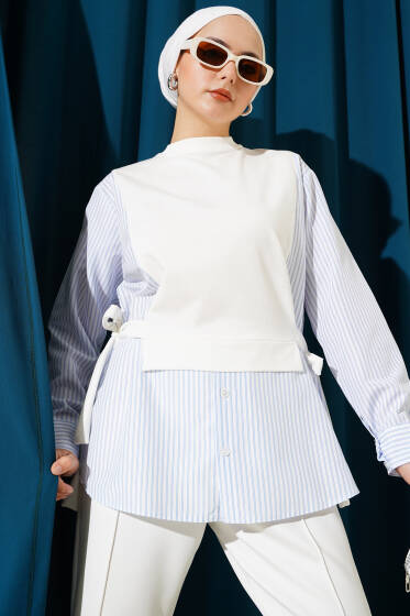 Yan Bağlamalı Çizgi Garnili Tunik Beyaz - Tunik