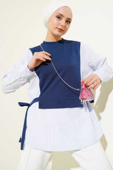 Yan Bağlamalı Çizgi Garnili Tunik Lacivert - Tunik