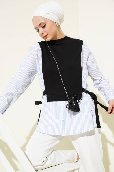 Yan Bağlamalı Çizgi Garnili Tunik Siyah - Tunik