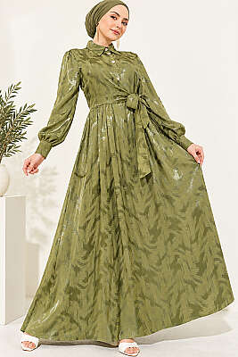 Yan Bağlamalı Düğmeli Jakar Elbise Haki - Elbise