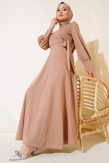 Yan Bağlamalı Elbise Bej - Elbise