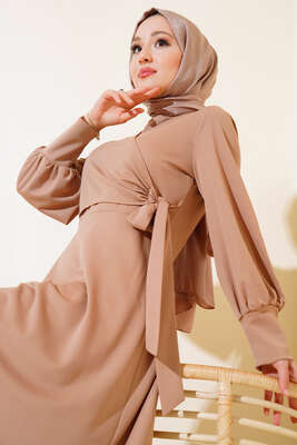 Yan Bağlamalı Elbise Bej - Tesettür Elbise