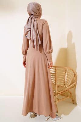 Yan Bağlamalı Elbise Bej - Tesettür Elbise