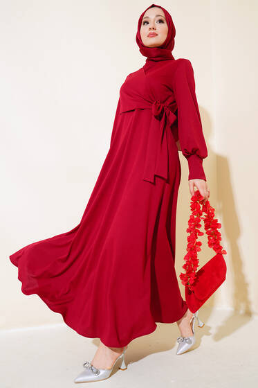 Yan Bağlamalı Elbise Bordo - Elbise