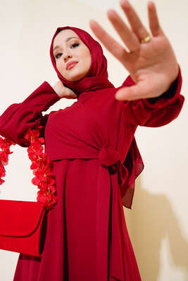 Yan Bağlamalı Elbise Bordo - Tesettür Elbise