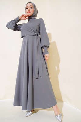 Yan Bağlamalı Elbise Gri - ALGI