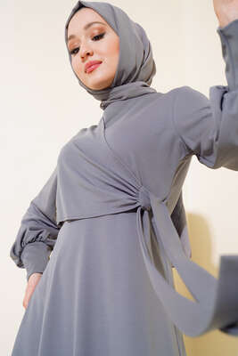Yan Bağlamalı Elbise Gri - Tesettür Elbise