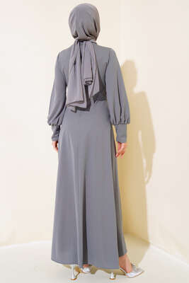 Yan Bağlamalı Elbise Gri - Tesettür Elbise
