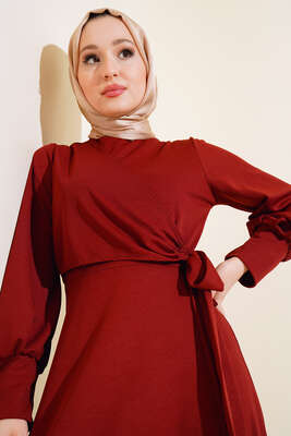 Yan Bağlamalı Elbise Kiremit - Tesettür Elbise
