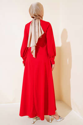 Yan Bağlamalı Elbise Kırmızı - Tesettür Elbise