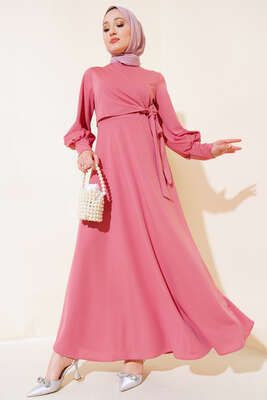 Yan Bağlamalı Elbise Pudra 